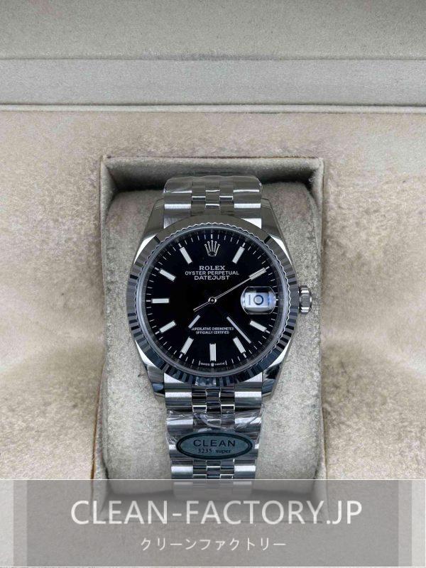 クリーンファクトリー ロレックス デイトジャスト126234ジュビリー 36mm ブラックダイアル プラチナフルーテッドベゼル 904Lステンレス クローンCal.3235ムーブメント