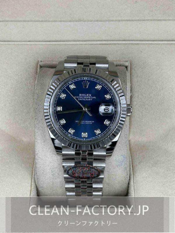 クリーンファクトリー ロレックス デイトジャスト41mmジュビリーダイヤモンド入りブルーダイアルプラチナフルーテッドベゼル 904Lステンレス クローンCal.3235ムーブメント