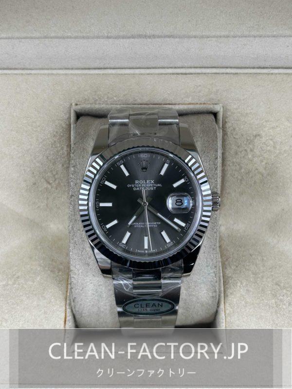 クリーンファクトリー ロレックス デイトジャスト41mmオイスター グレーダイアル プラチナフルーテッドベゼル 904Lステンレス クローンCal.3235ムーブメント