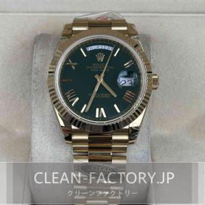 クリーンファクトリー ロレックスデイデイト40mm 228238 プレジデント グリーンダイアル フルーテッドベゼル 18Kイエローゴールドコーティング904Lステンレス クローンCal.3255ムーブメント