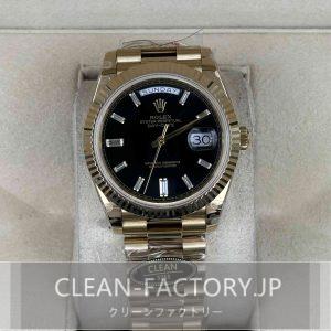 クリーンファクトリー ロレックスデイデイト40mm 228238 プレジデント ダイヤモンド入りブラックダイアル フルーテッドベゼル 18Kイエローゴールドコーティング904Lステンレス クローンCal.3255ムーブメント