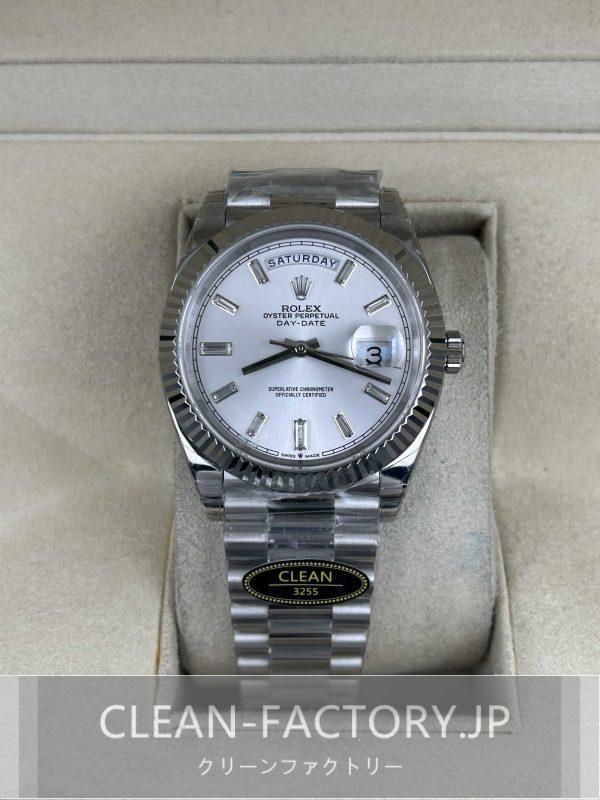 クリーンファクトリー ロレックスデイデイト40mm 228239 プレジデント ダイヤモンド入りシルバーダイアル フルーテッドベゼル 904Lステンレス クローンCal.3255ムーブメント