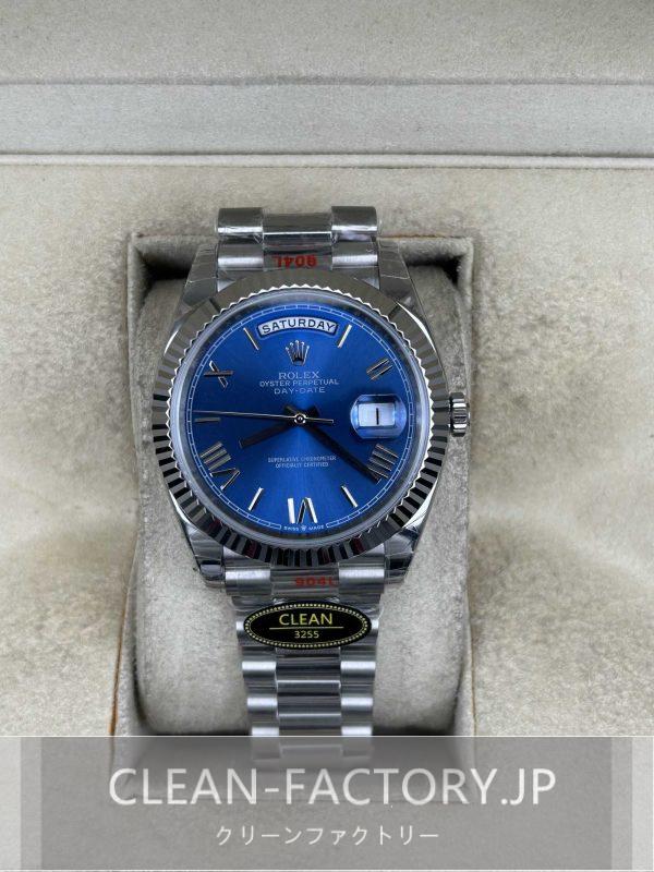クリーンファクトリー ロレックスデイデイト40mm 228236 プレジデント ブルーダイアル プラチナフルーテッドベゼル 904Lステンレス クローンCal.3255ムーブメント