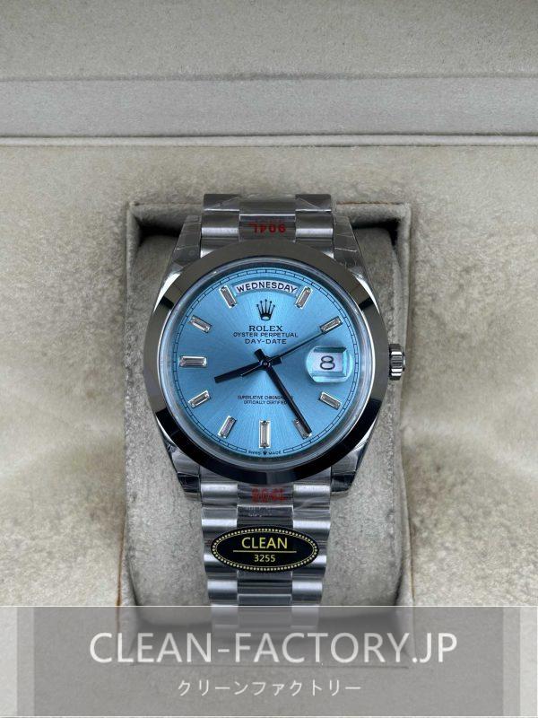 クリーンファクトリー ロレックスデイデイト40mm 228206 プレジデント ダイヤモンド入りアイスブルーダイアル プラチナスムースベゼル 904Lステンレス クローンCal.3255ムーブメント