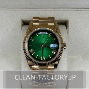 クリーンファクトリー ロレックスデイデイト40mm 228238 プレジデント グリーンオンブレダイアル フルーテッドベゼル 18Kイエローゴールドコーティング904Lステンレス クローンCal.3255ムーブメント