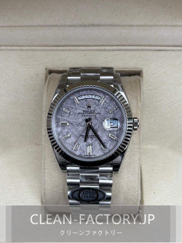 クリーンファクトリー ロレックスデイデイト40mm 228239 プレジデント　ダイヤモンド入りメテオライトダイアル　フルーテッドベゼル　904Lステンレス　クローンCal.3255ムーブメント