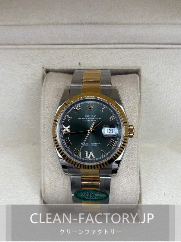 クリーンファクトリー ロレックス デイトジャスト36mm 126233オイスターダイヤモンド入りグリーンダイアルツートン18Kイエローゴールドコーティング904Lステンレス　フルーテッドベゼルクローンCal.3235ムーブメント
