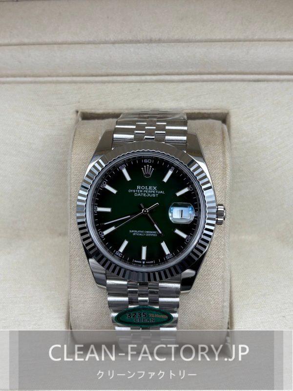 クリーンファクトリー ロレックス デイトジャスト126334ジュビリー 41mm　グリーンオンブレダイアル プラチナフルーテッドベゼル　904Lステンレス　クローンCal.3235ムーブメント