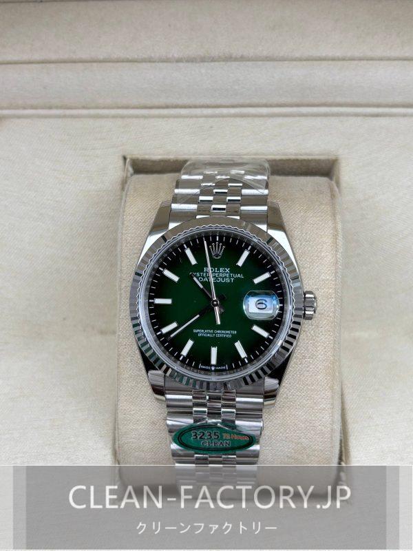 クリーンファクトリー ロレックス デイトジャスト126234ジュビリー36mm　グリーンオンブレダイアル プラチナフルーテッドベゼル　904Lステンレス　クローンCal.3235ムーブメント