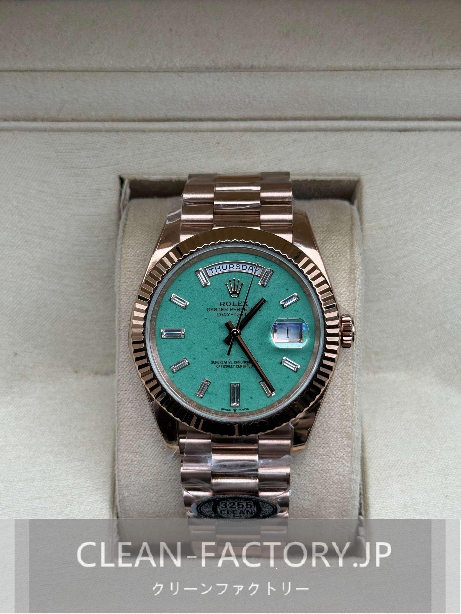 クリーンファクトリーロレックスデイデイト40mm 228235JG プレジデント　ダイヤモンド入りライトグリーンアベンチュリンダイアル　フルーテッドベゼル  18Kローズゴールドコーティング904Lステンレス　クローンCal.3255ムーブメント